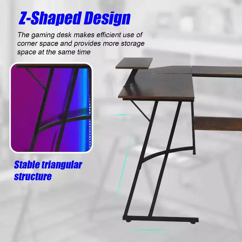 Bureau d'angle en L pour le jeu, noir/marron/rose/blanc, 127 cm, support d'écran, 1 personne