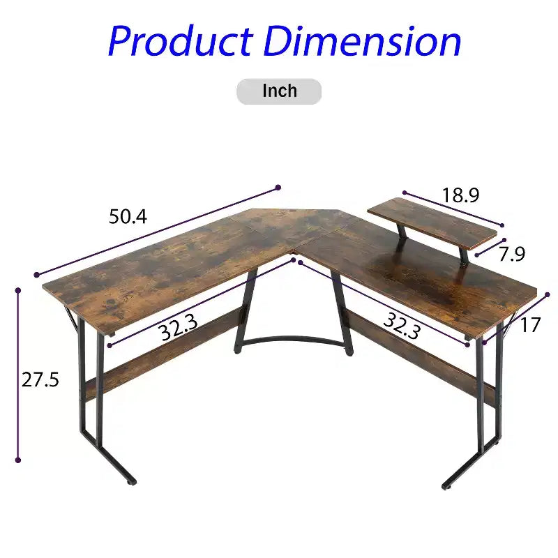 Bureau d'angle en L pour le jeu, noir/marron/rose/blanc, 127 cm, support d'écran, 1 personne