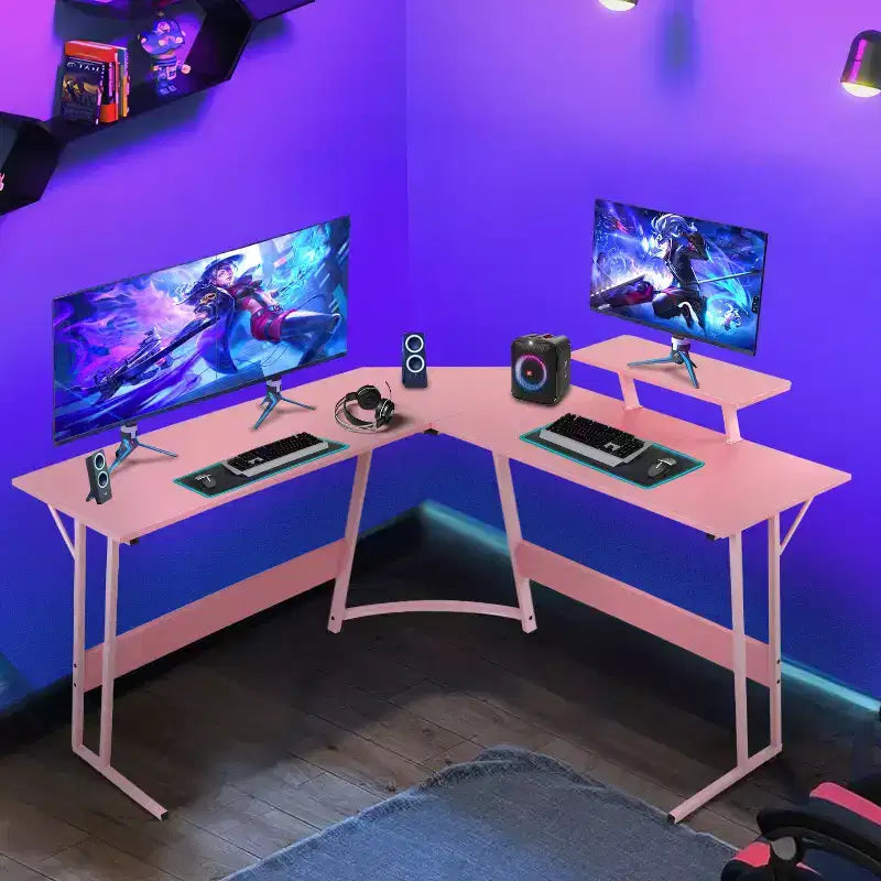 Bureau d'angle en L pour le jeu, noir/marron/rose/blanc, 127 cm, support d'écran, 1 personne