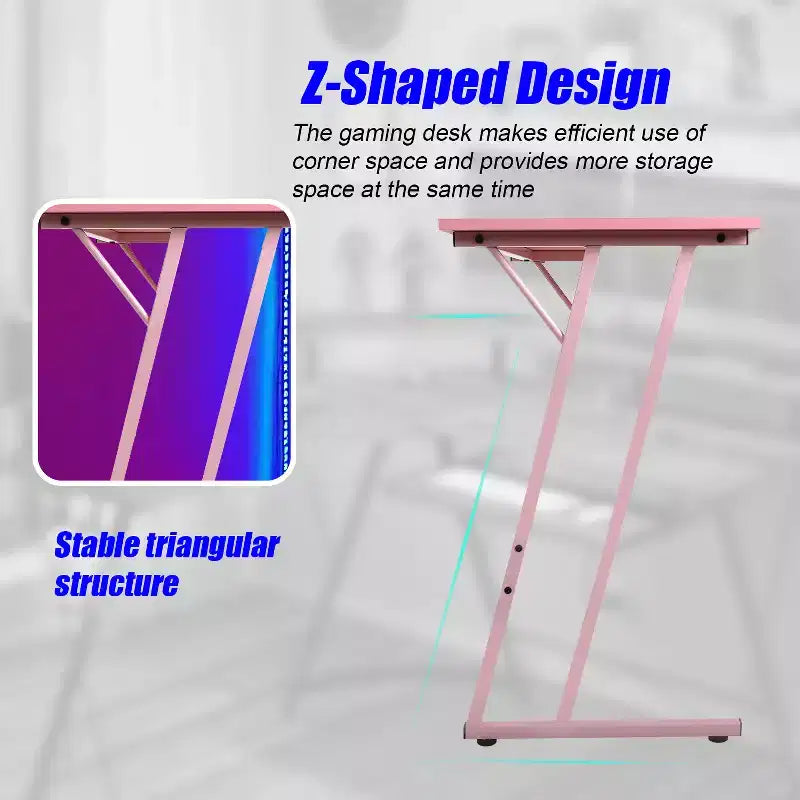 Bureau d'angle en L pour le jeu, noir/marron/rose/blanc, 127 cm, support d'écran, 1 personne