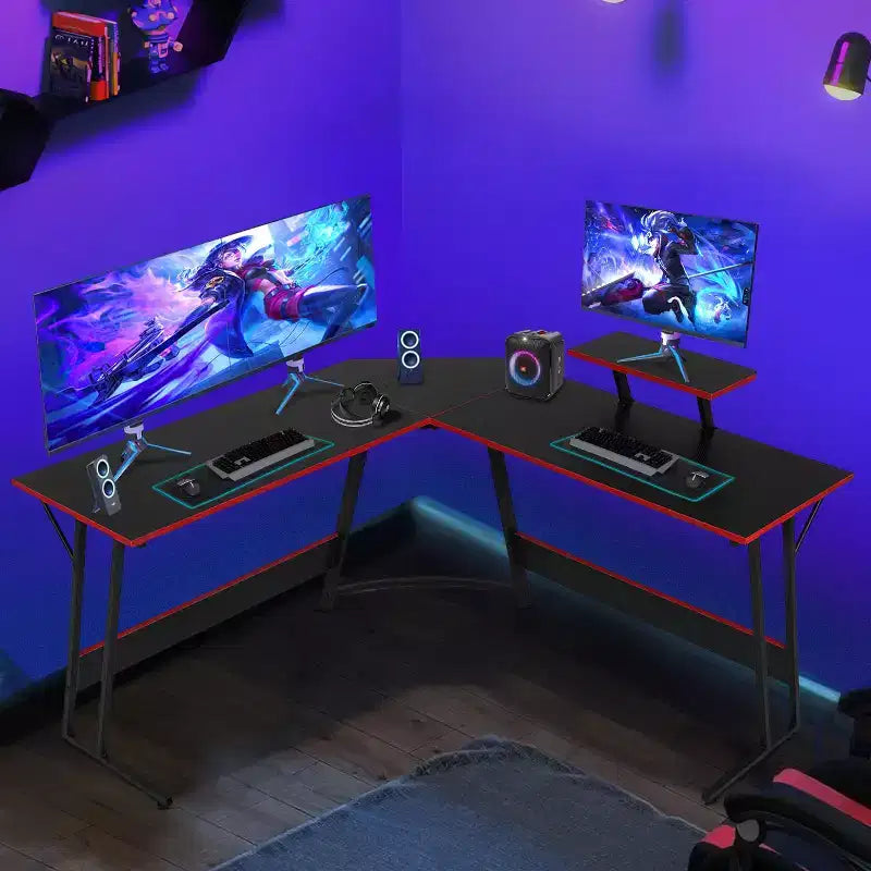 Bureau d'angle en L pour le jeu, noir/marron/rose/blanc, 127 cm, support d'écran, 1 personne