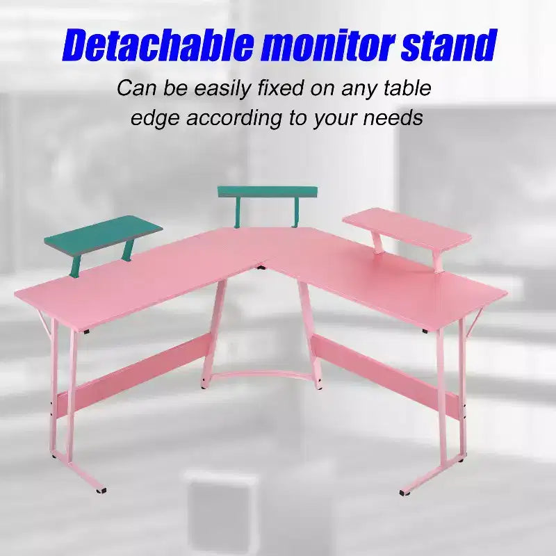 Bureau d'angle en L pour le jeu, noir/marron/rose/blanc, 127 cm, support d'écran, 1 personne