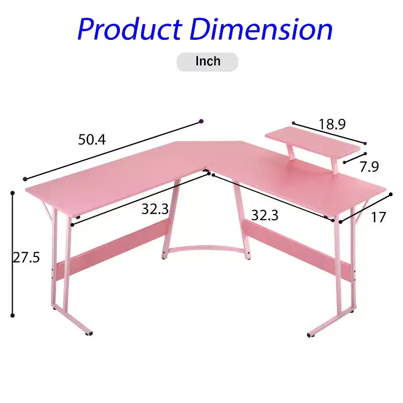 Bureau d'angle en L pour le jeu, noir/marron/rose/blanc, 127 cm, support d'écran, 1 personne