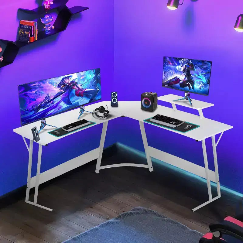 Bureau d'angle en L pour le jeu, noir/marron/rose/blanc, 127 cm, support d'écran, 1 personne