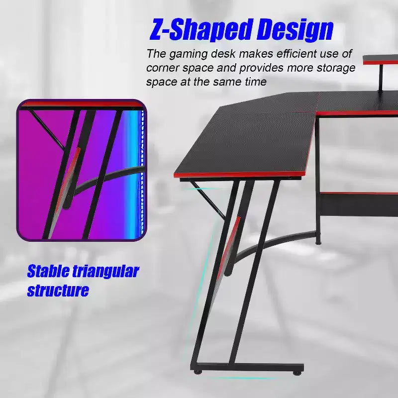 Bureau d'angle en L pour le jeu, noir/marron/rose/blanc, 127 cm, support d'écran, 1 personne
