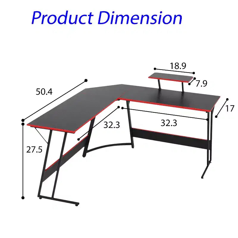 Bureau d'angle en L pour le jeu, noir/marron/rose/blanc, 127 cm, support d'écran, 1 personne