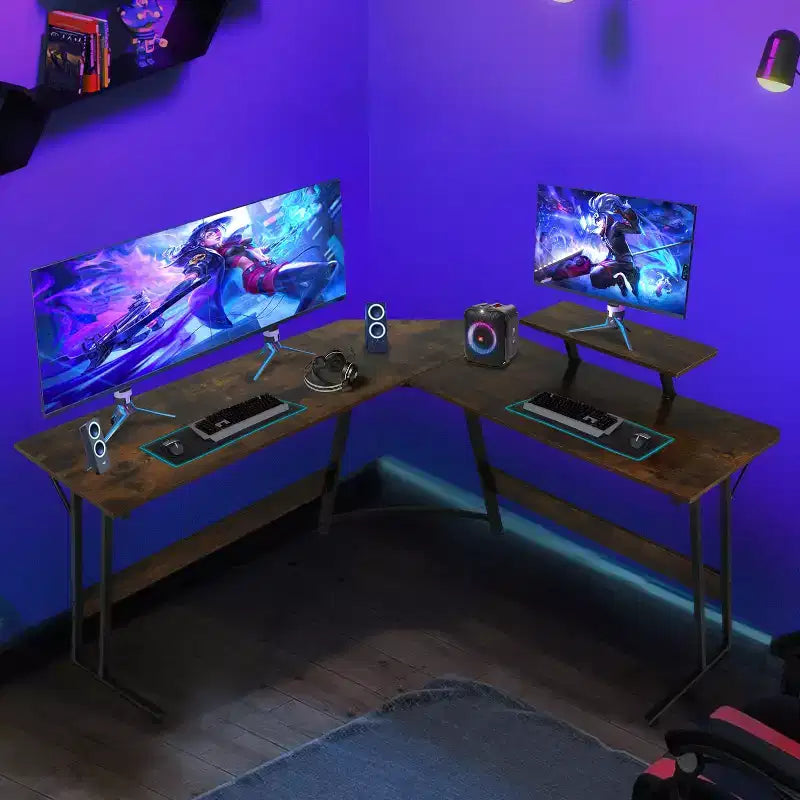 Bureau d'angle en L pour le jeu, noir/marron/rose/blanc, 127 cm, support d'écran, 1 personne