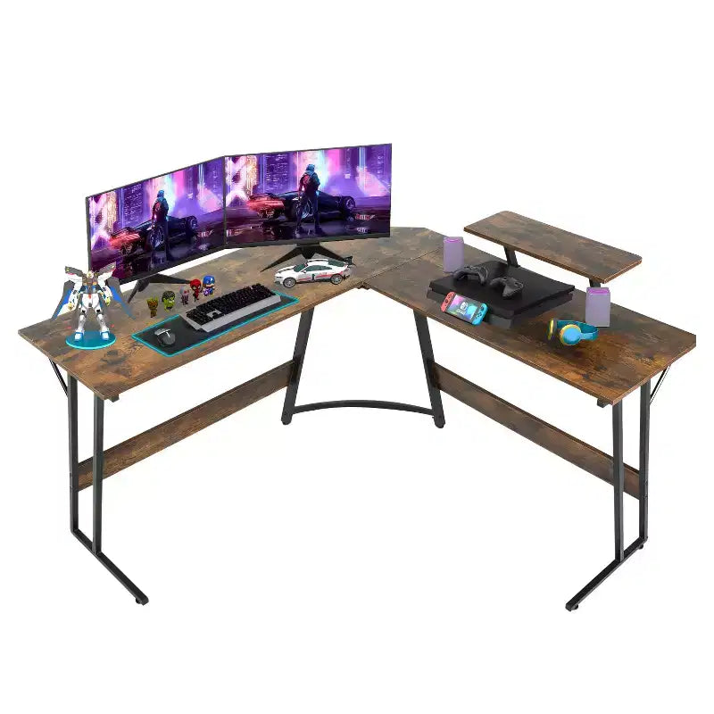 Bureau d'angle en L pour le jeu, noir/marron/rose/blanc, 127 cm, support d'écran, 1 personne