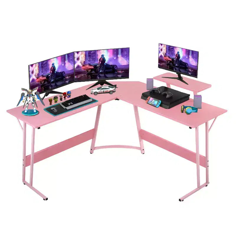 Bureau d'angle en L pour le jeu, noir/marron/rose/blanc, 127 cm, support d'écran, 1 personne
