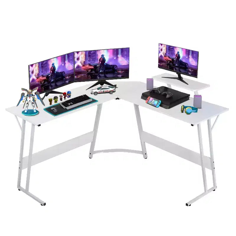 Bureau d'angle en L pour le jeu, noir/marron/rose/blanc, 127 cm, support d'écran, 1 personne