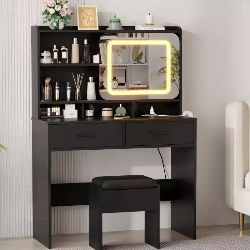 Coiffeuse noire avec miroir coulissant, lumières et tabouret – 1 personne