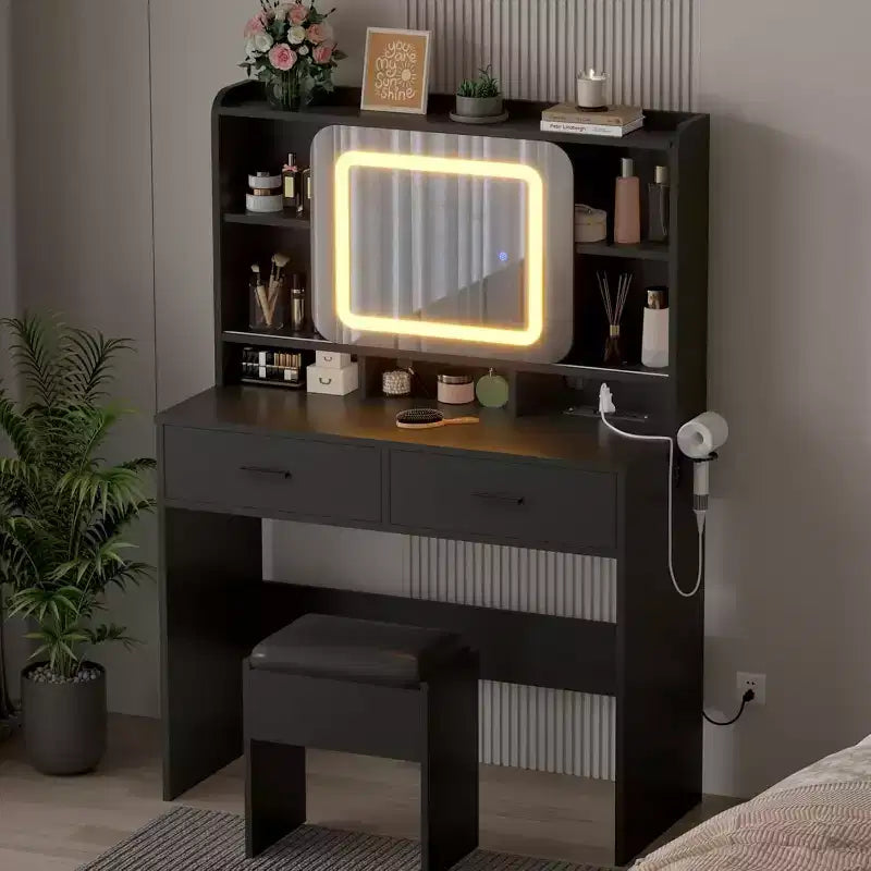 Coiffeuse noire avec miroir coulissant, lumières et tabouret – 1 personne