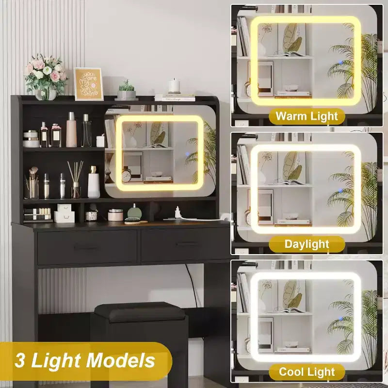 Coiffeuse noire avec miroir coulissant, lumières et tabouret – 1 personne