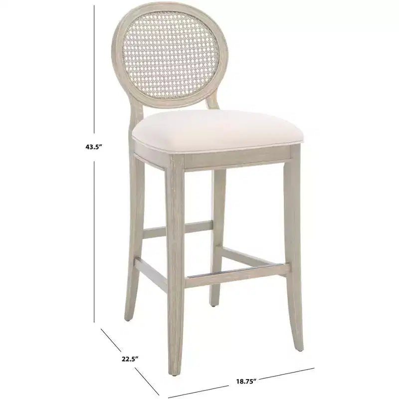 Tabouret de bar rustique gris et beige avec dossier en rotin, sans accoudoirs, dossier mi-hauteur, lot de 2