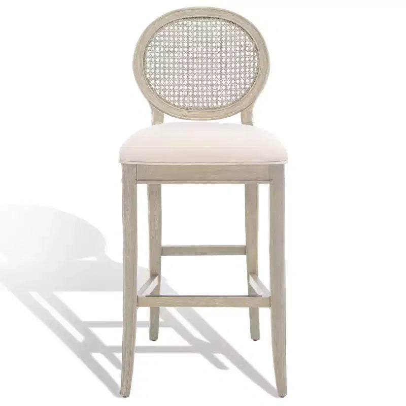 Tabouret de bar rustique gris et beige avec dossier en rotin, sans accoudoirs, dossier mi-hauteur, lot de 2