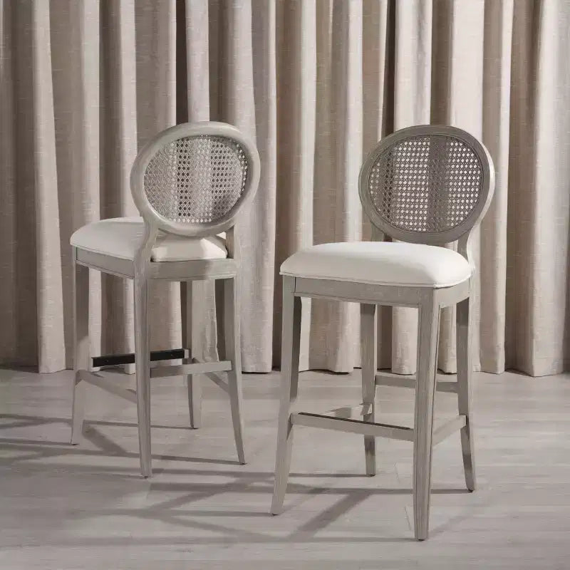 Tabouret de bar rustique gris et beige avec dossier en rotin, sans accoudoirs, dossier mi-hauteur, lot de 2