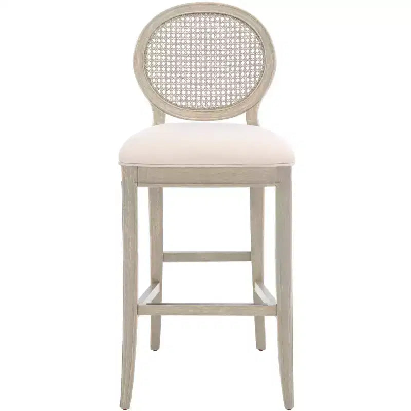 Tabouret de bar rustique gris et beige avec dossier en rotin, sans accoudoirs, dossier mi-hauteur, lot de 2
