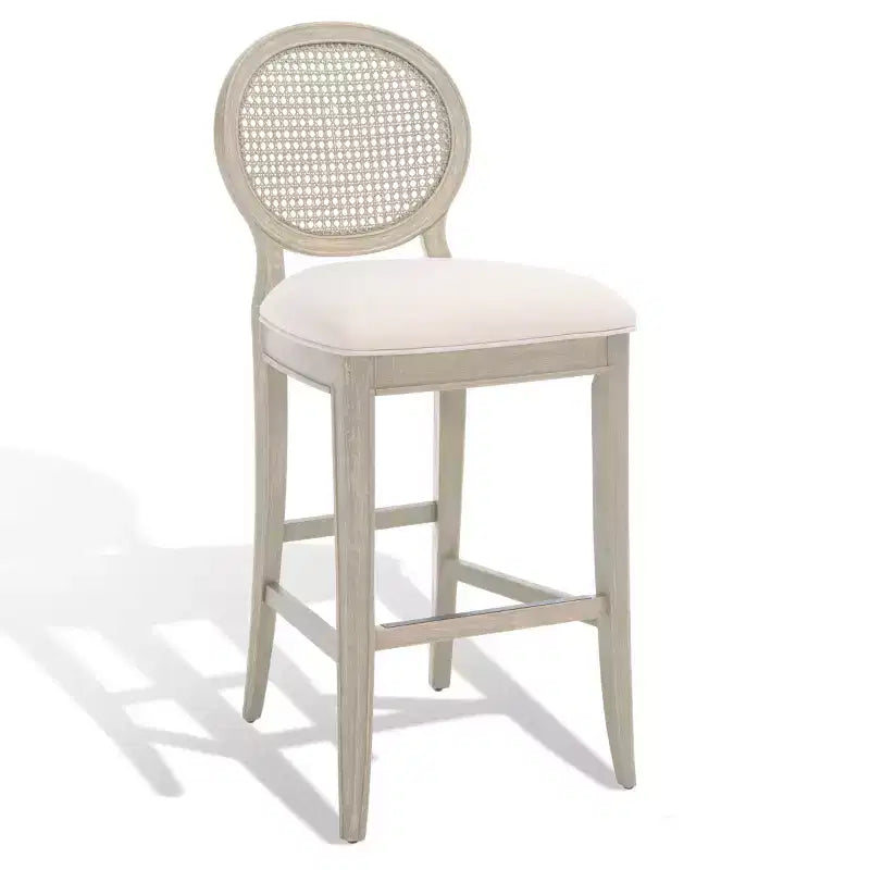 Tabouret de bar rustique gris et beige avec dossier en rotin, sans accoudoirs, dossier mi-hauteur, lot de 2