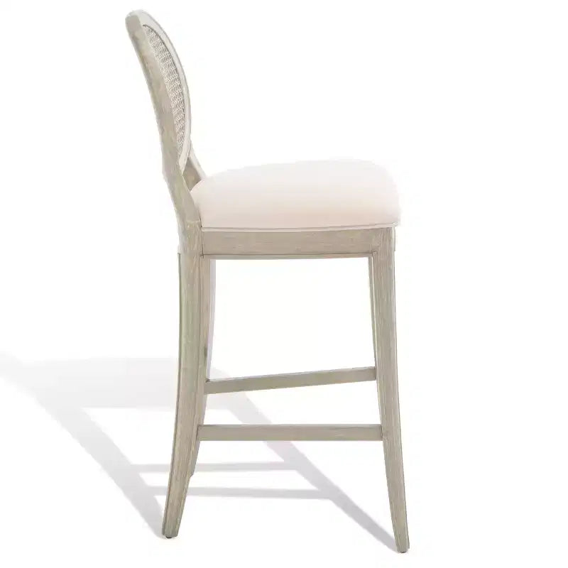 Tabouret de bar rustique gris et beige avec dossier en rotin, sans accoudoirs, dossier mi-hauteur, lot de 2