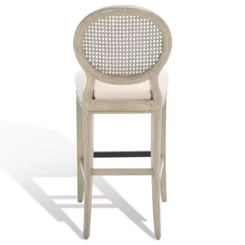 Tabouret de bar rustique gris et beige avec dossier en rotin, sans accoudoirs, dossier mi-hauteur, lot de 2