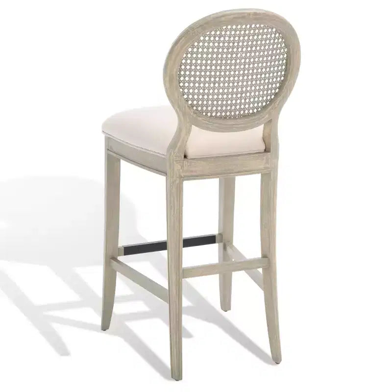 Tabouret de bar rustique gris et beige avec dossier en rotin, sans accoudoirs, dossier mi-hauteur, lot de 2