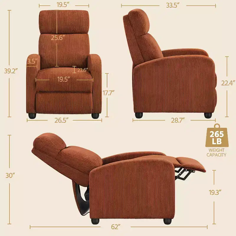 Fauteuil inclinable en velours côtelé beige/rouge brique/vert foncé/gris clair, lot de 2 (2 personnes)