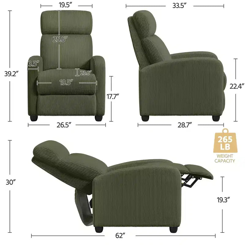 Fauteuil inclinable en velours côtelé beige/rouge brique/vert foncé/gris clair, lot de 2 (2 personnes)