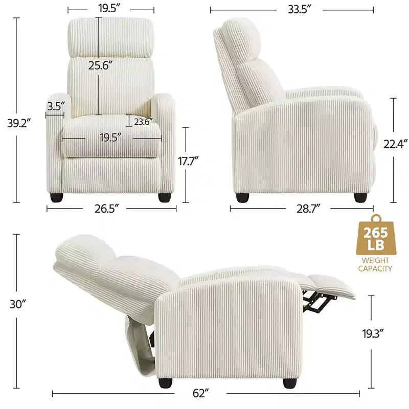 Fauteuil inclinable en velours côtelé beige/rouge brique/vert foncé/gris clair, lot de 2 (2 personnes)
