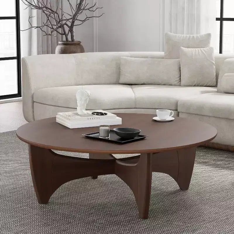 Table basse ronde moderne mi-siècle noire/marron – Bois massif, 1 place