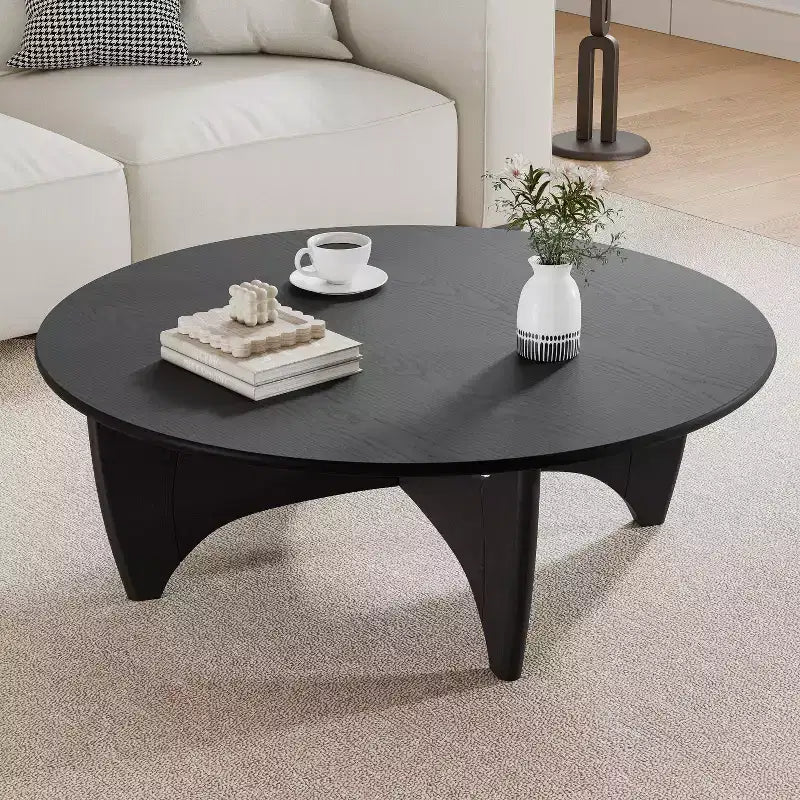 Table basse ronde moderne mi-siècle noire/marron – Bois massif, 1 place