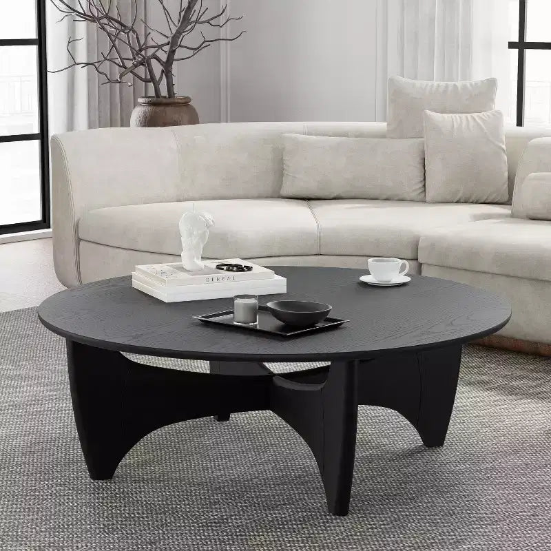 Table basse ronde moderne mi-siècle noire/marron – Bois massif, 1 place