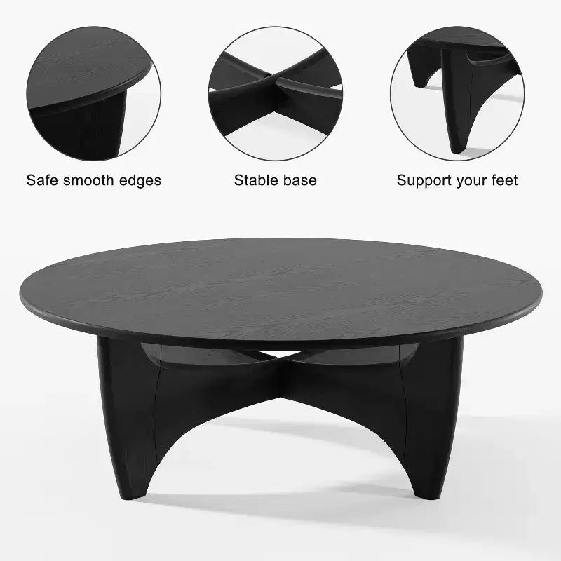 Table basse ronde moderne mi-siècle noire/marron – Bois massif, 1 place