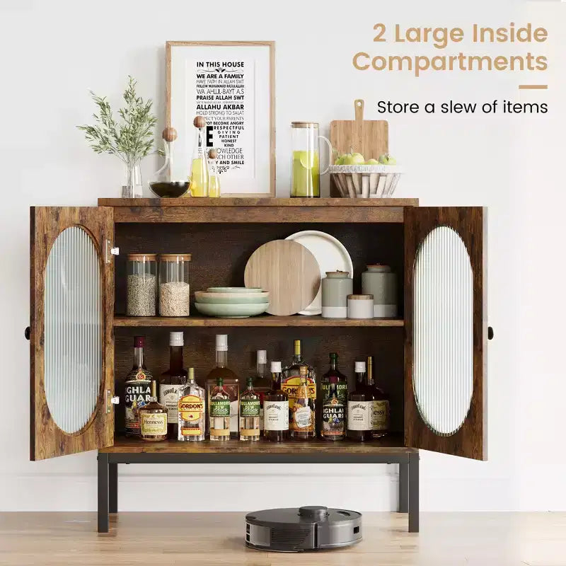 Buffet en rotin noir/marron/chêne avec 2 portes et étagère de rangement, pour 1 personne