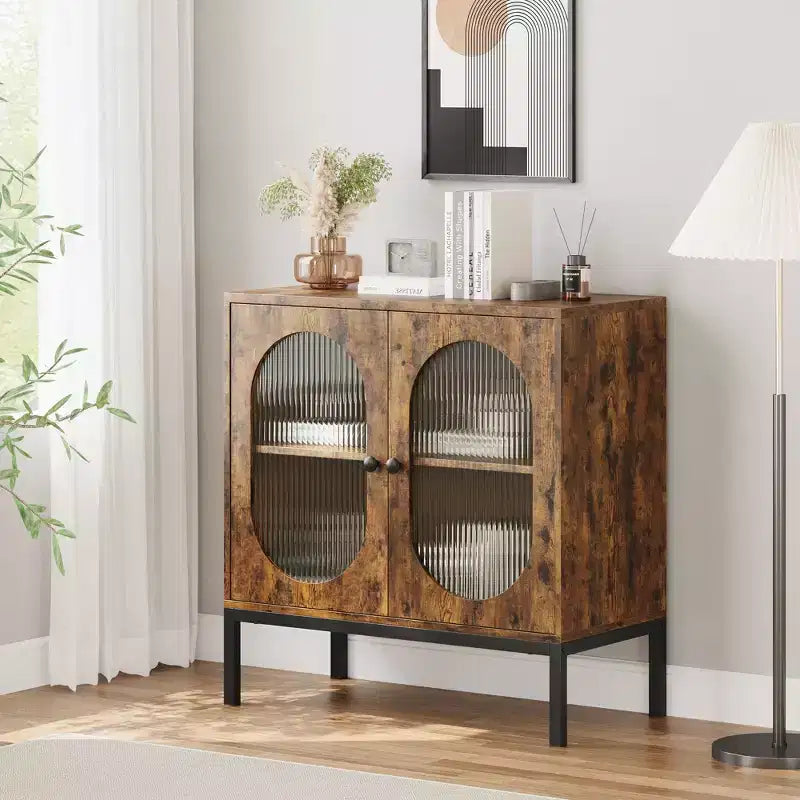 Buffet en rotin noir/marron/chêne avec 2 portes et étagère de rangement, pour 1 personne