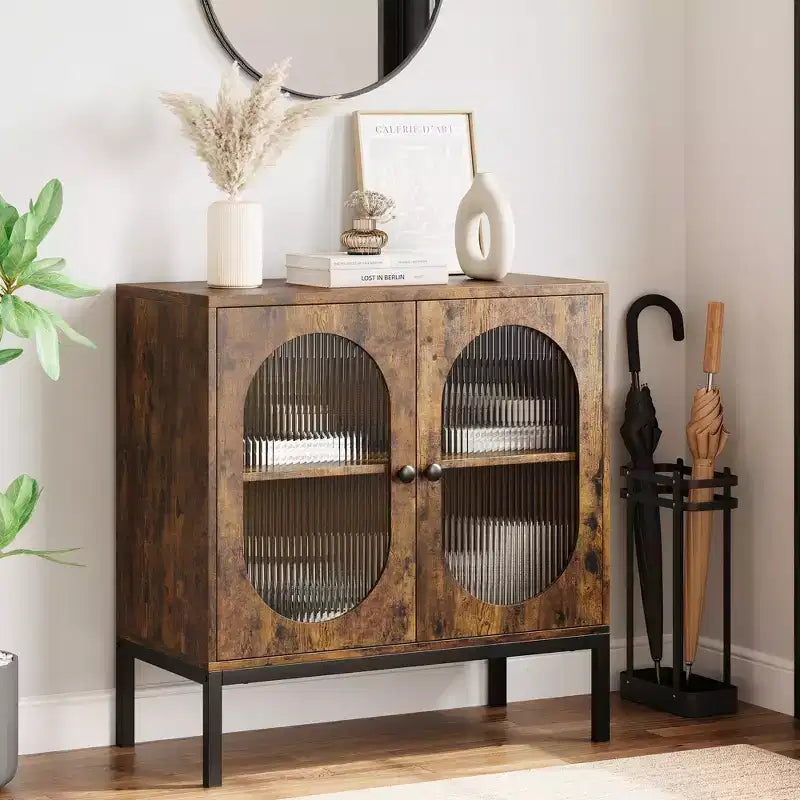 Buffet en rotin noir/marron/chêne avec 2 portes et étagère de rangement, pour 1 personne