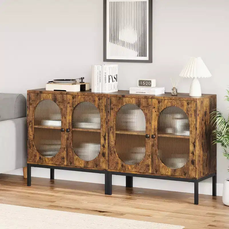 Buffet en rotin noir/marron/chêne avec 2 portes et étagère de rangement, pour 1 personne