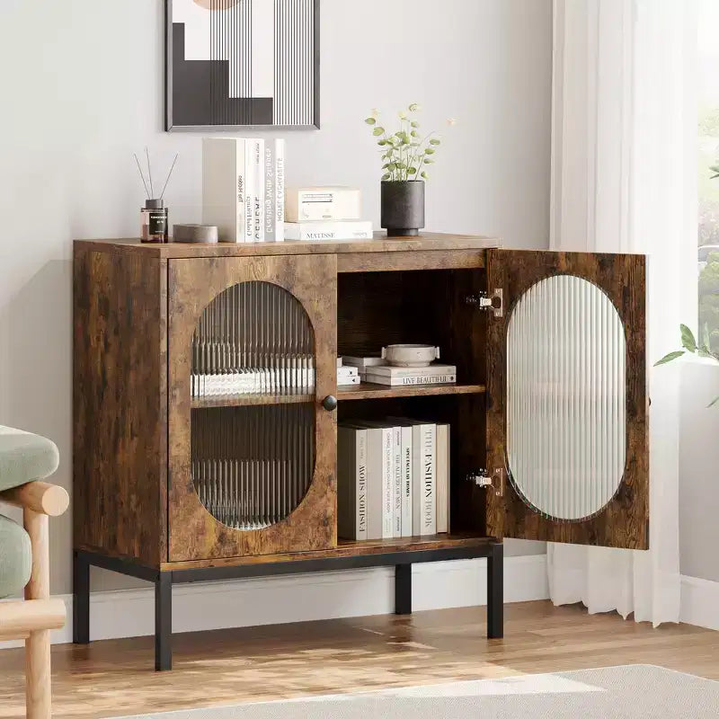 Buffet en rotin noir/marron/chêne avec 2 portes et étagère de rangement, pour 1 personne