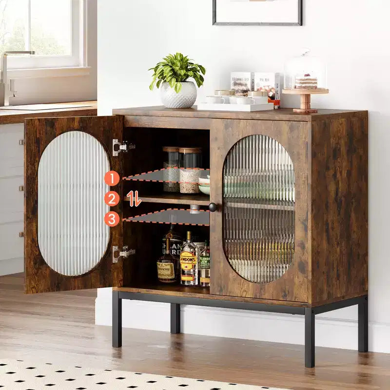 Buffet en rotin noir/marron/chêne avec 2 portes et étagère de rangement, pour 1 personne