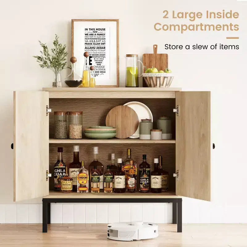 Buffet en rotin noir/marron/chêne avec 2 portes et étagère de rangement, pour 1 personne