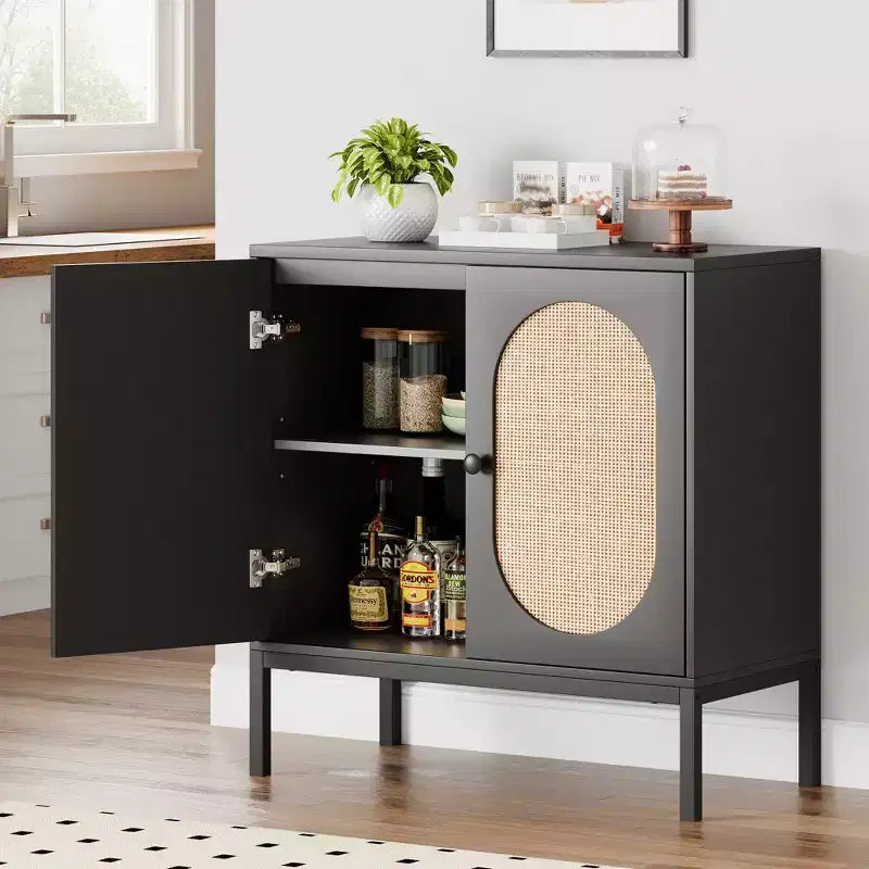 Buffet en rotin noir/marron/chêne avec 2 portes et étagère de rangement, pour 1 personne