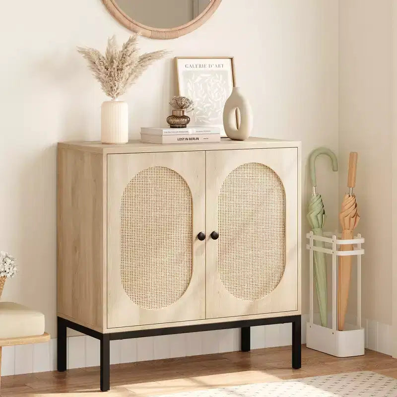 Buffet en rotin noir/marron/chêne avec 2 portes et étagère de rangement, pour 1 personne