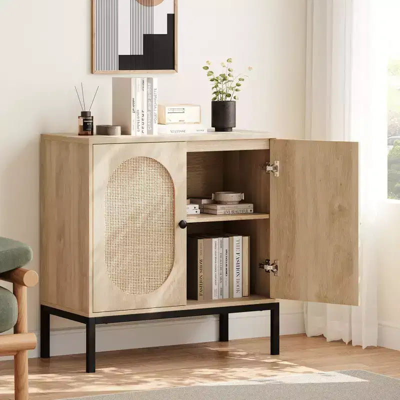 Buffet en rotin noir/marron/chêne avec 2 portes et étagère de rangement, pour 1 personne