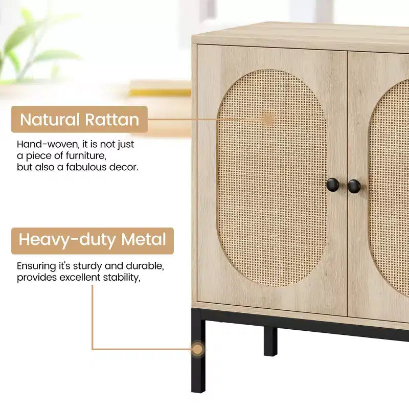 Buffet en rotin noir/marron/chêne avec 2 portes et étagère de rangement, pour 1 personne