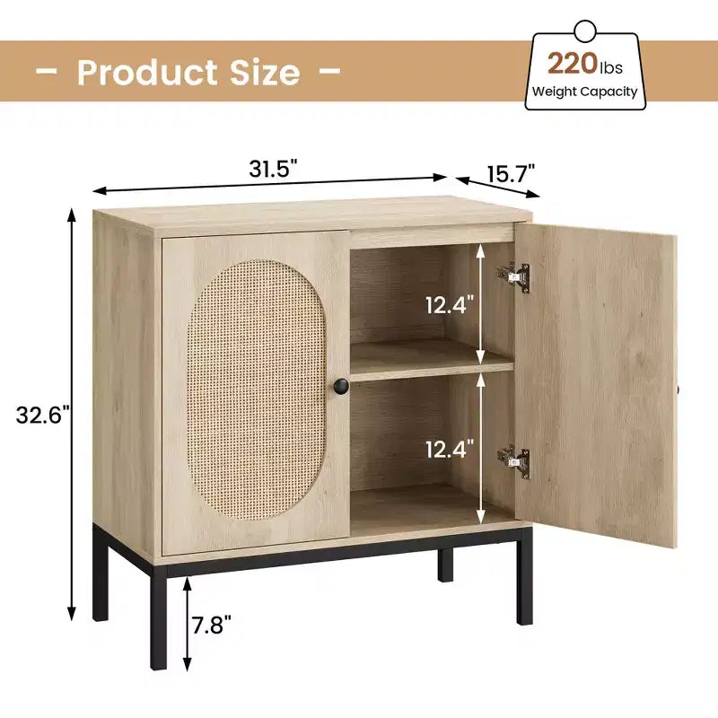 Buffet en rotin noir/marron/chêne avec 2 portes et étagère de rangement, pour 1 personne