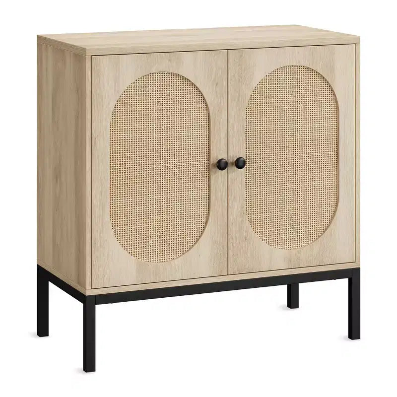 Buffet en rotin noir/marron/chêne avec 2 portes et étagère de rangement, pour 1 personne
