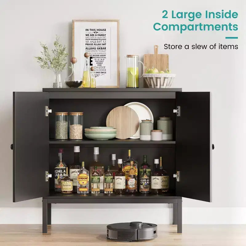 Buffet en rotin noir/marron/chêne avec 2 portes et étagère de rangement, pour 1 personne