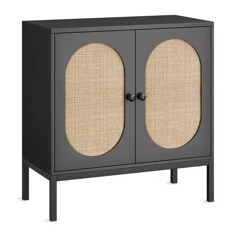 Buffet en rotin noir/marron/chêne avec 2 portes et étagère de rangement, pour 1 personne