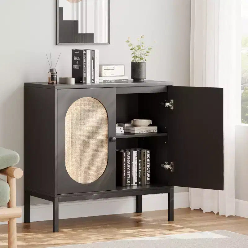 Buffet en rotin noir/marron/chêne avec 2 portes et étagère de rangement, pour 1 personne