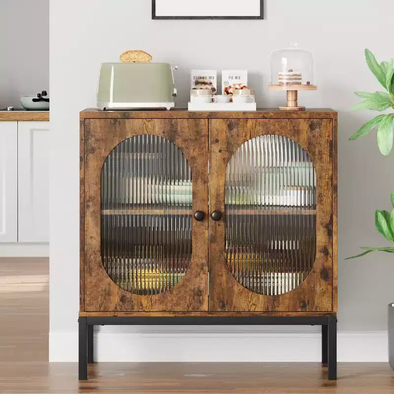 Buffet en rotin noir/marron/chêne avec 2 portes et étagère de rangement, pour 1 personne