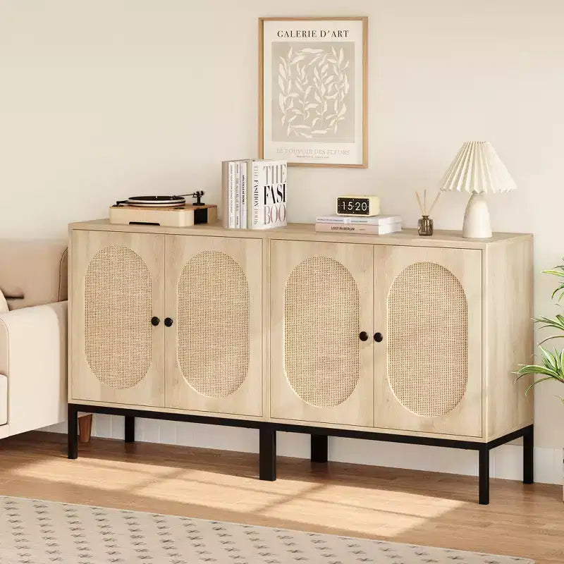 Buffet en rotin noir/marron/chêne avec 2 portes et étagère de rangement, pour 1 personne